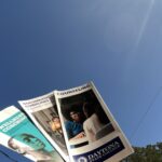 hand holding three flyers in the sun with trees behind them.